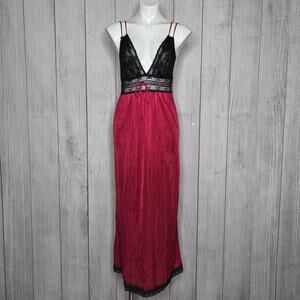 Vintage Gotham NY Red Satin Lace Nightgown Maxi Slip Dress Goth 90s, Sz Small